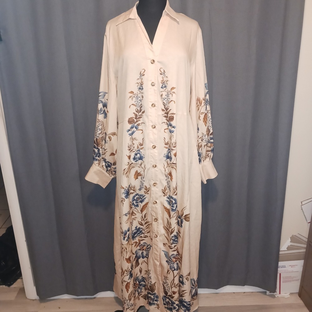 Boho Designer Floral Button Down Maxi Shirt Dress Cream Blue Long Sleeve  XL